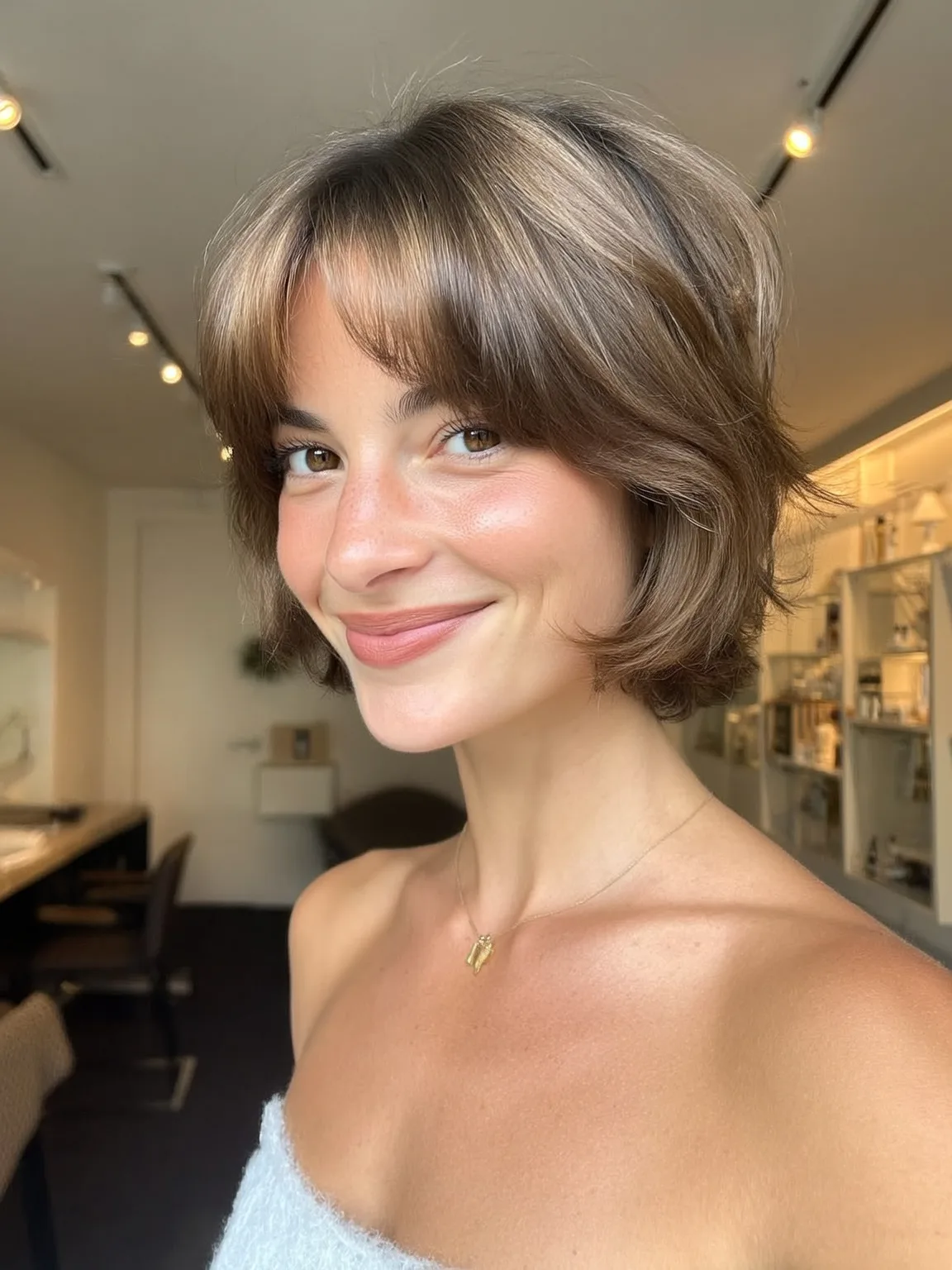 Wavy Bob with Curtain Bangs in Warm Caramel Brown