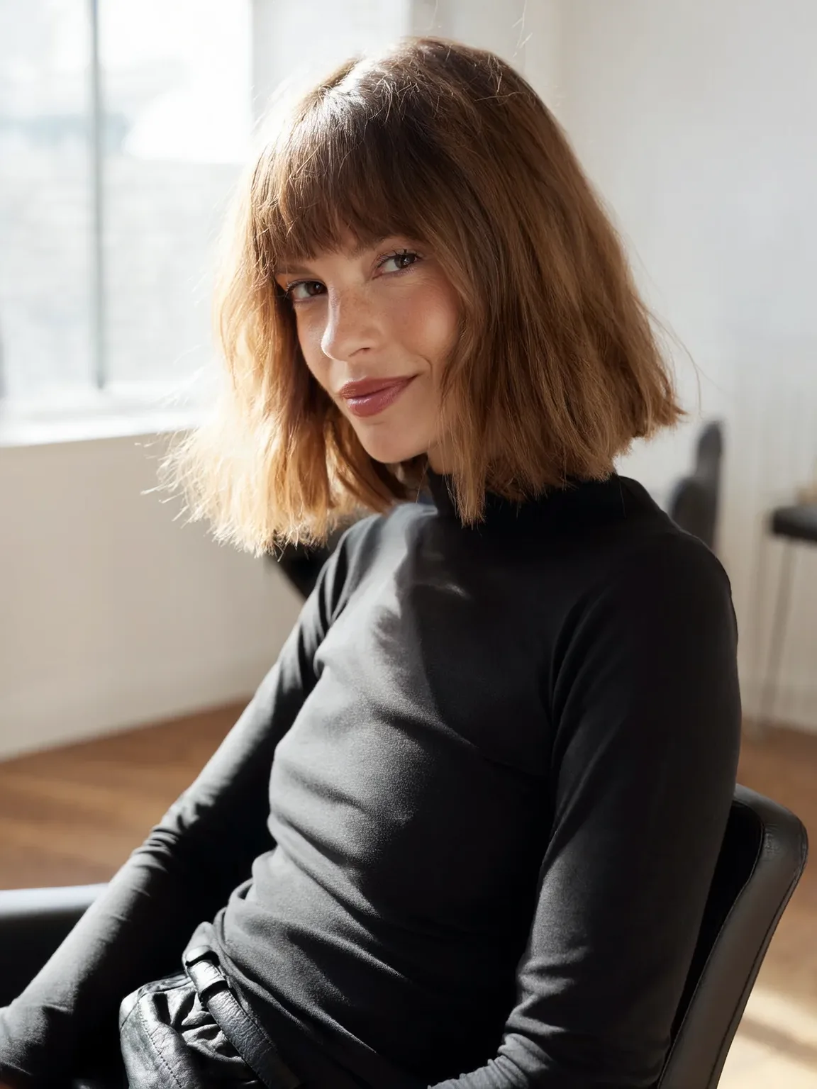 Wavy Bob with Blunt Bangs for Heart-Shaped Faces
