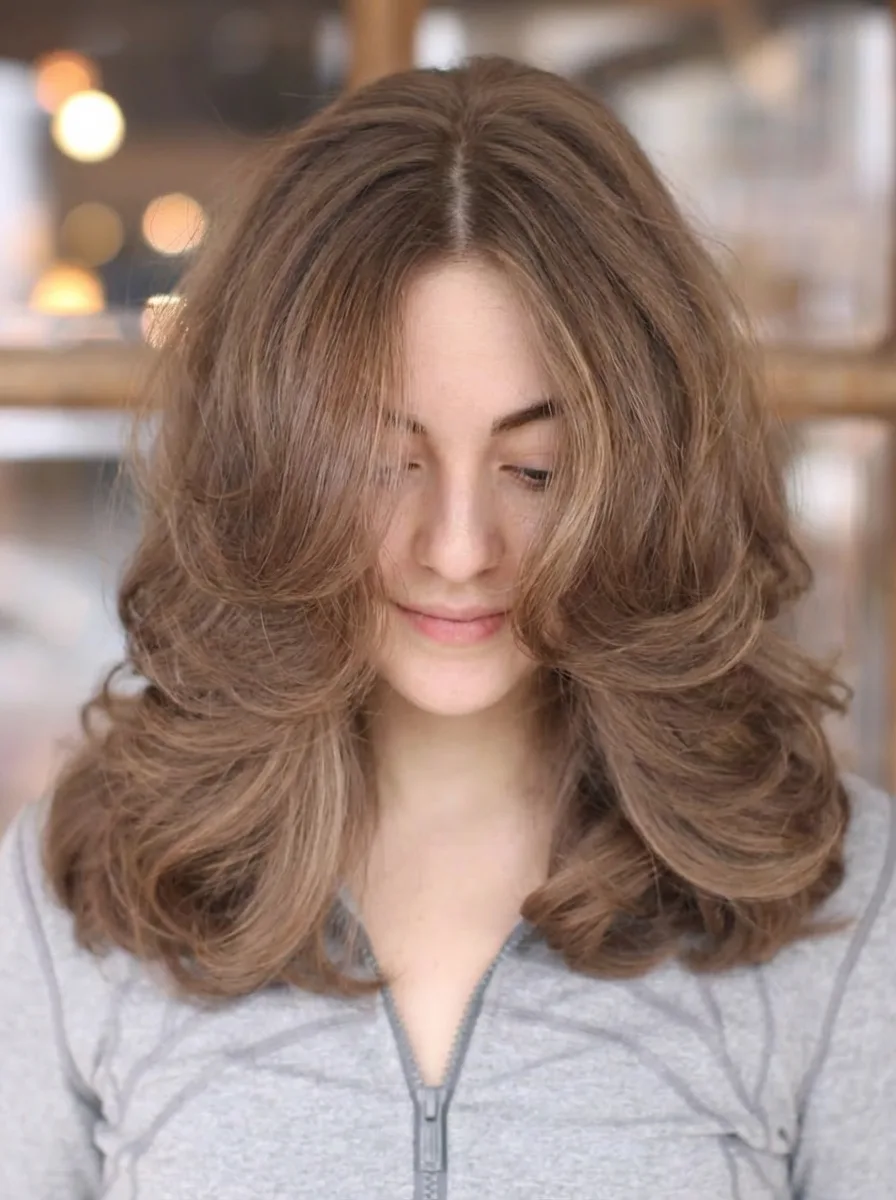 Medium Voluminous Warm Caramel Brown Layers with Long Bangs