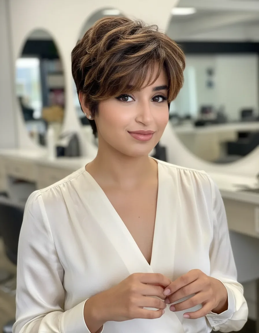 Wavy Caramel Pixie with Side-Swept Bangs