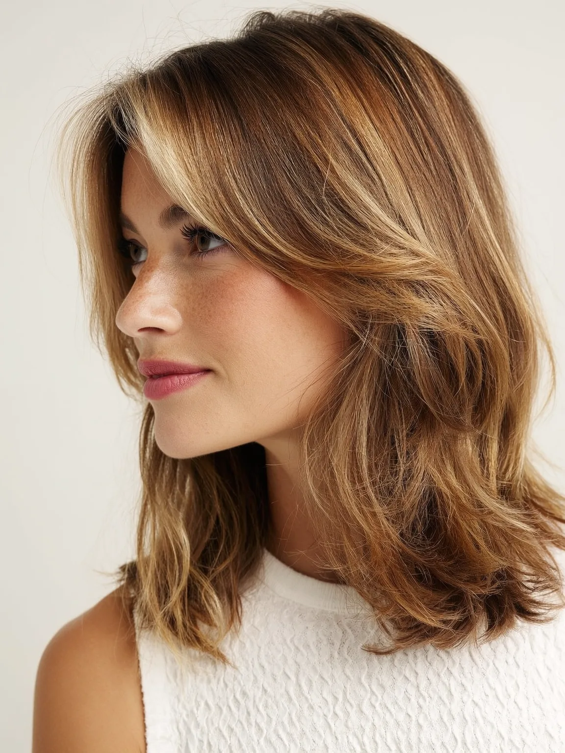 Voluminous Wavy Lob with Honey Blonde Highlights and Curtain Bangs