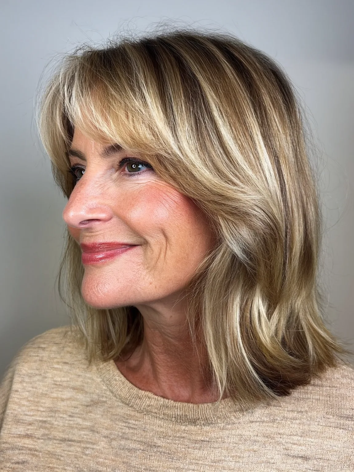 Soft Wavy Lob with Caramel Balayage and Curtain Bangs