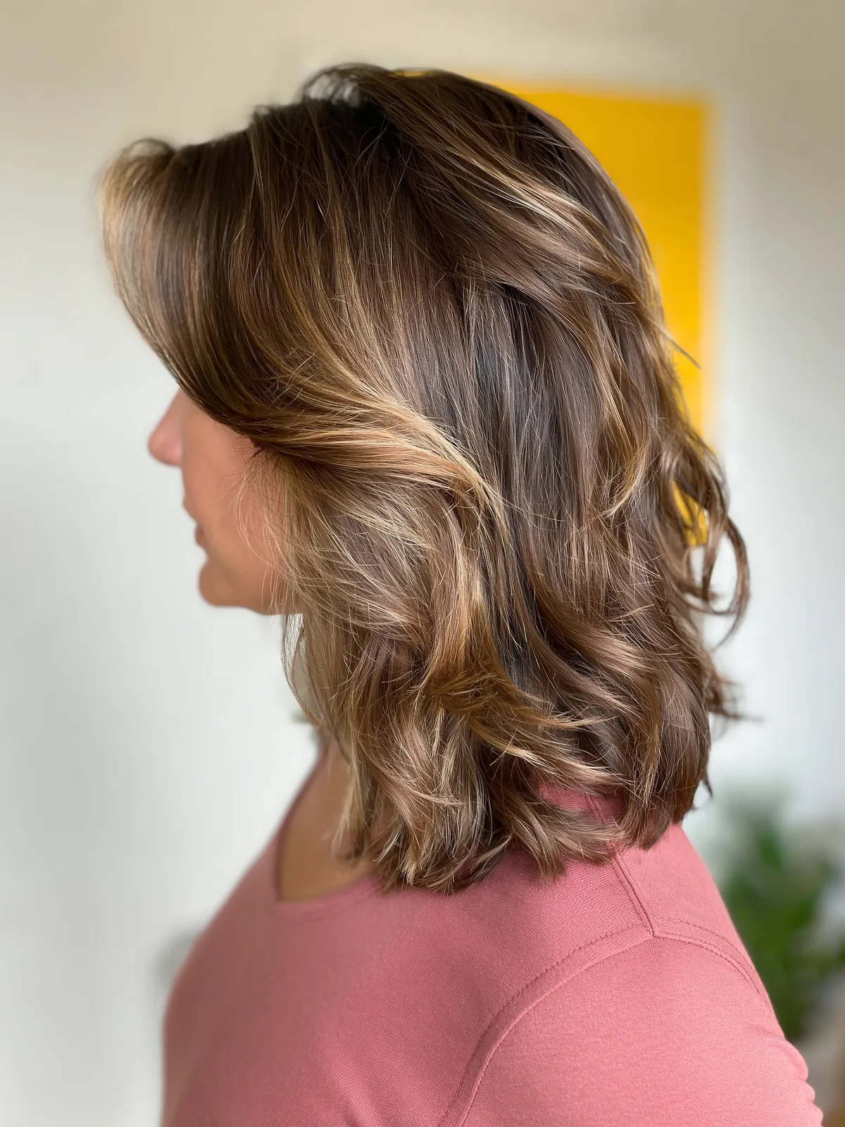 Medium Lob with Caramel Brown Highlights