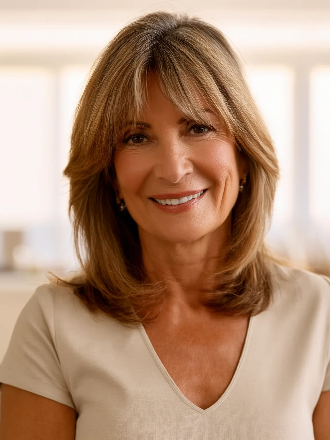 Medium Layered Cut with Curtain Bangs in Warm Caramel Brown