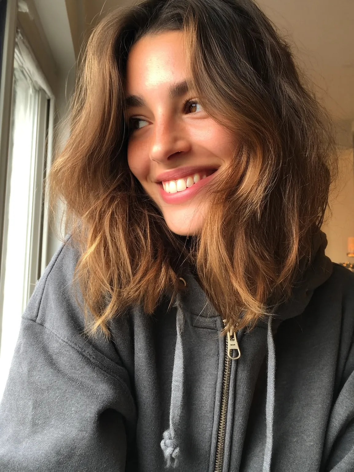 Medium Wavy Lob in Warm Caramel Brown