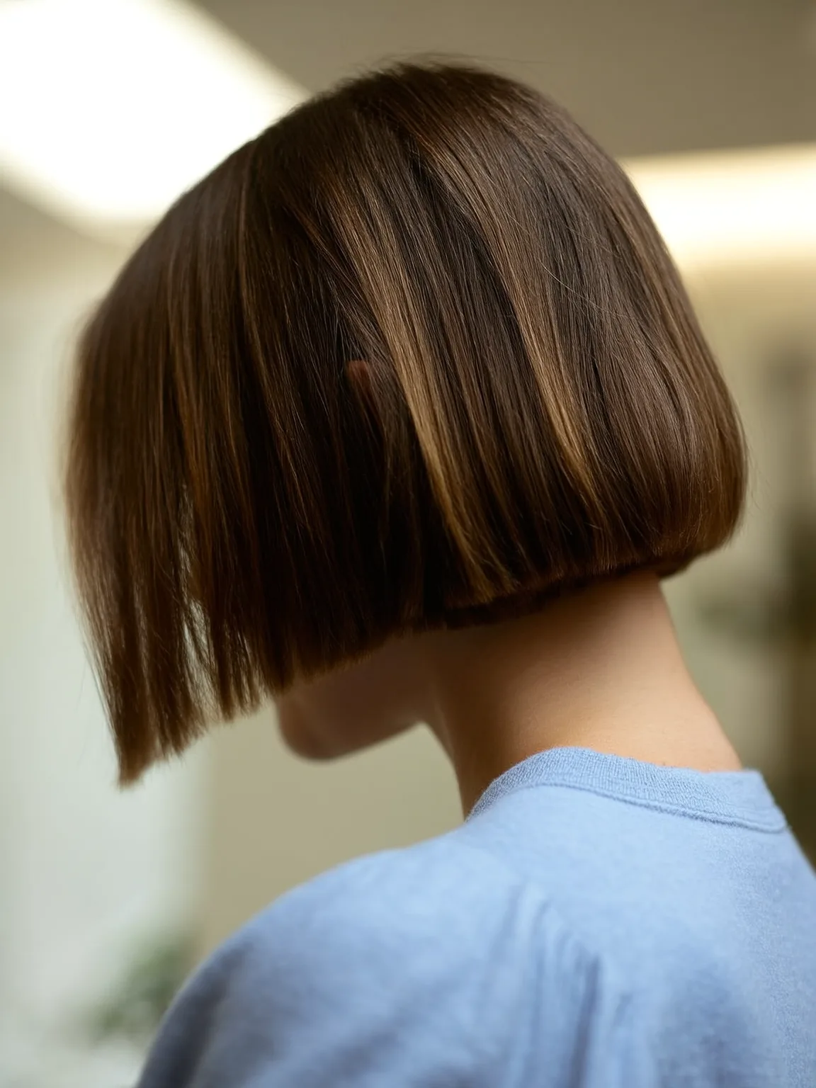 Chin-Length Blunt Bob in Warm Caramel Brown