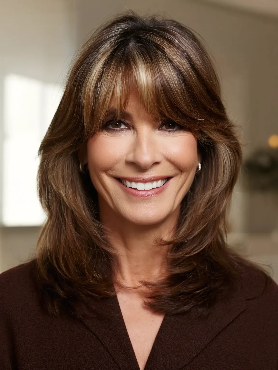 Layered Shoulder-Length Cut with Warm Caramel Highlights