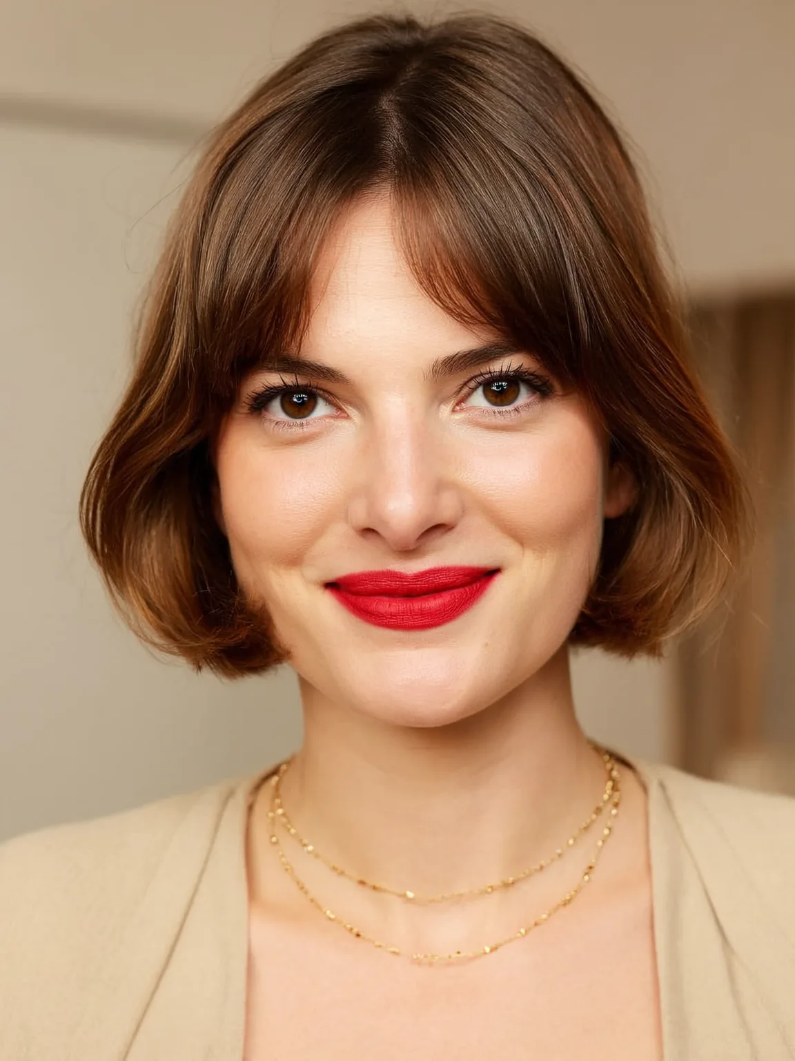 Classic Blunt Bob with Warm Caramel Brown Hue