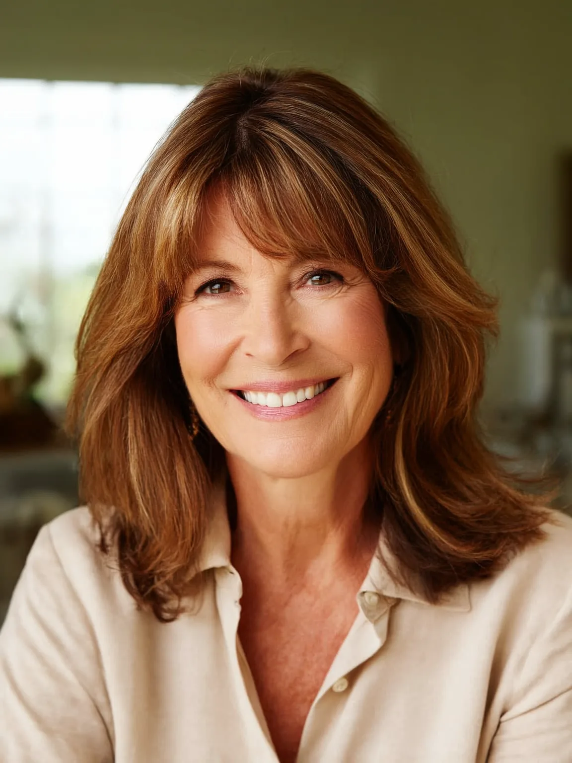 Voluminous Shoulder-Length Layers with Curtain Bangs