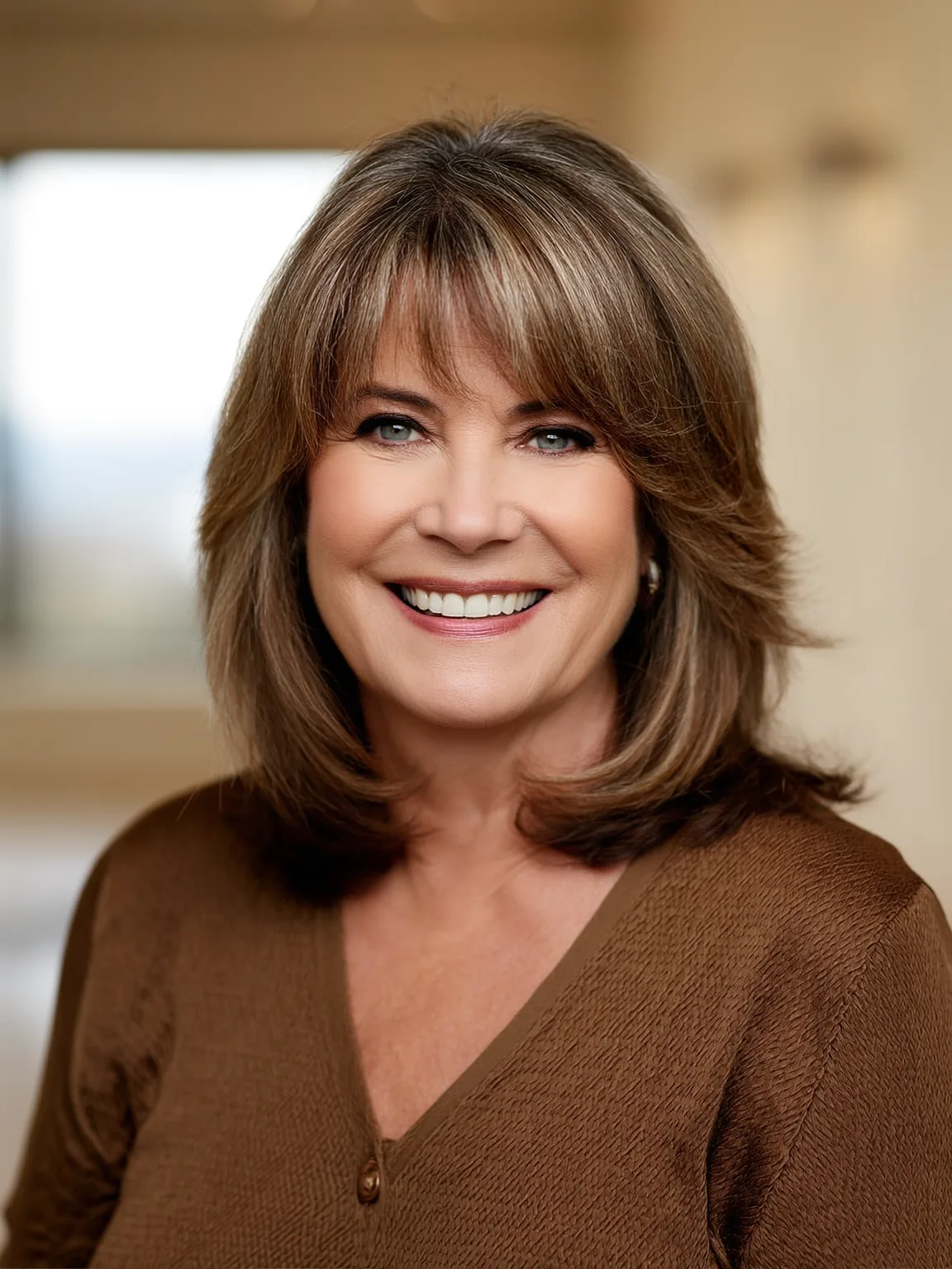 Shoulder-Length Layers with Caramel Highlights and Curtain Bangs