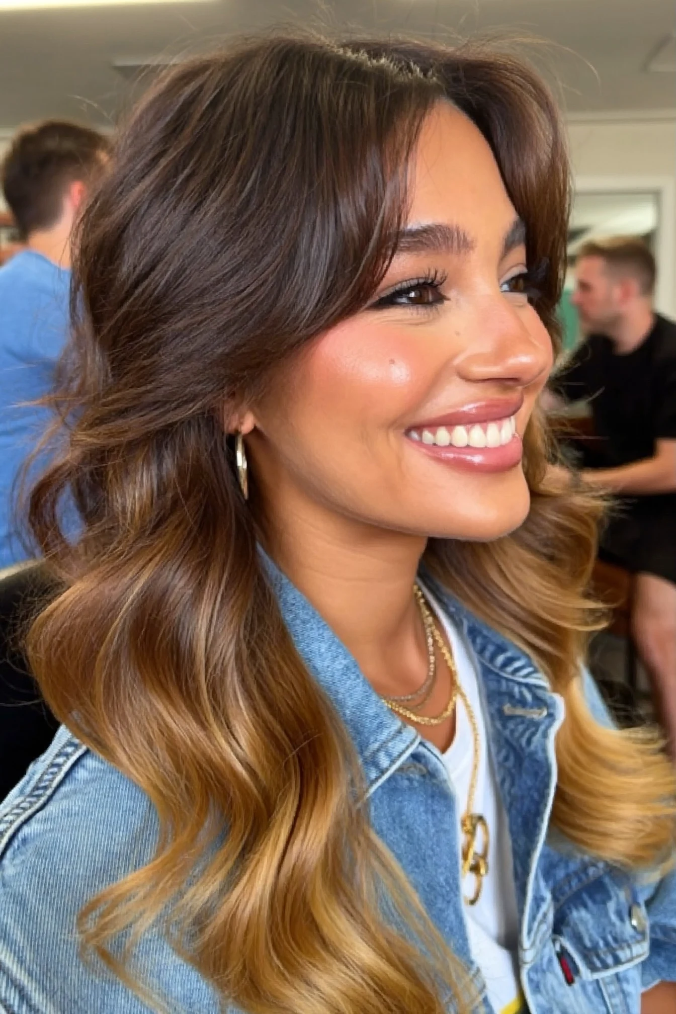 Caramel Brown Lob With Curtain Bangs: What To Ask Your Stylist For