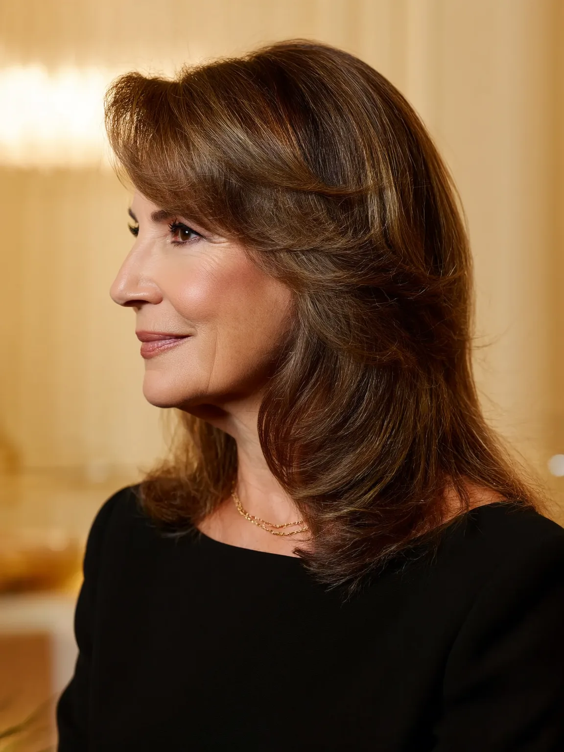 Wavy Shoulder-Length Layers with Side-Swept Bangs