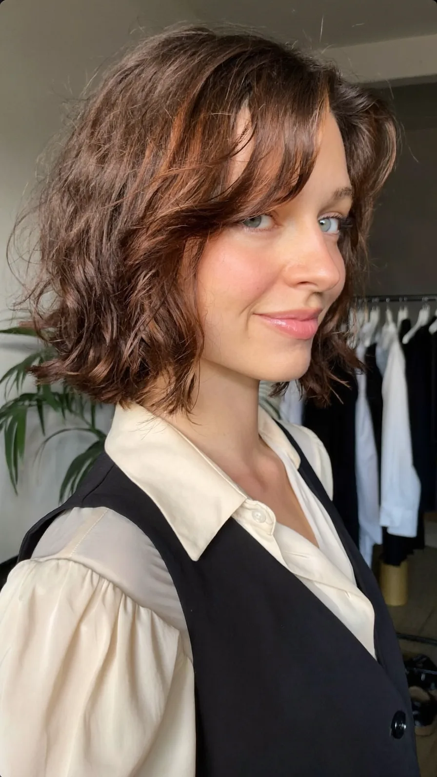 Textured Chin-Length Bob with Soft Curtain Bangs