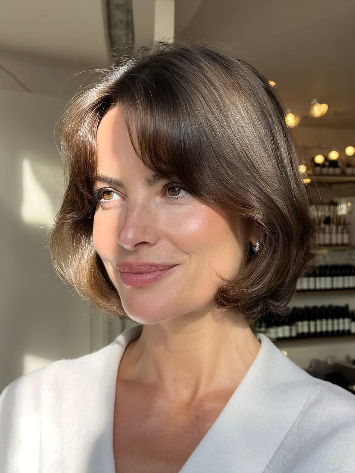 Blow-Dried Straight Chin-Length Bob with Curtain Bangs