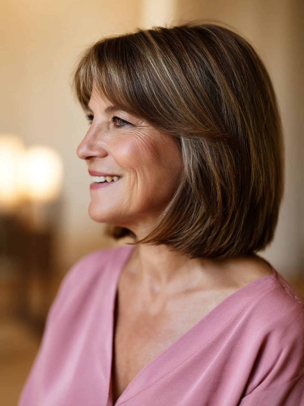 Chestnut Brown Straight Bob with Honey Blonde Highlights
