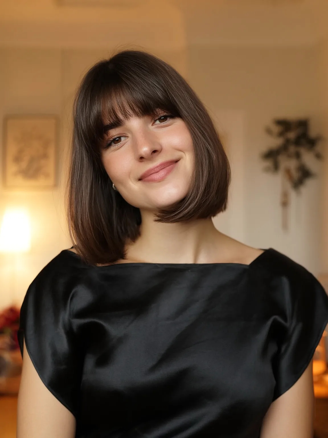 Blow-Dried Straight Chin-Length Rich Chestnut Bob with Blunt Bangs