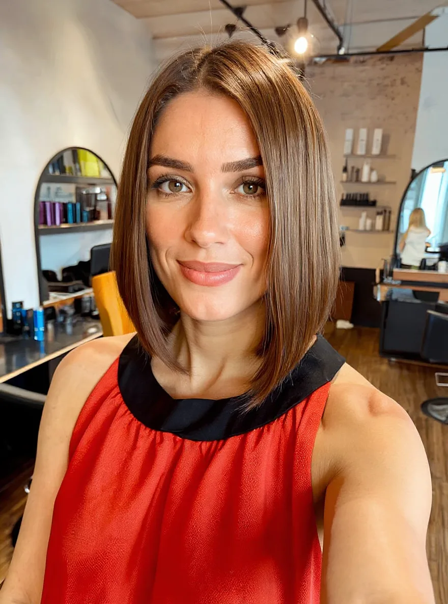 Medium-Length Straight Chestnut Bob Without Bangs