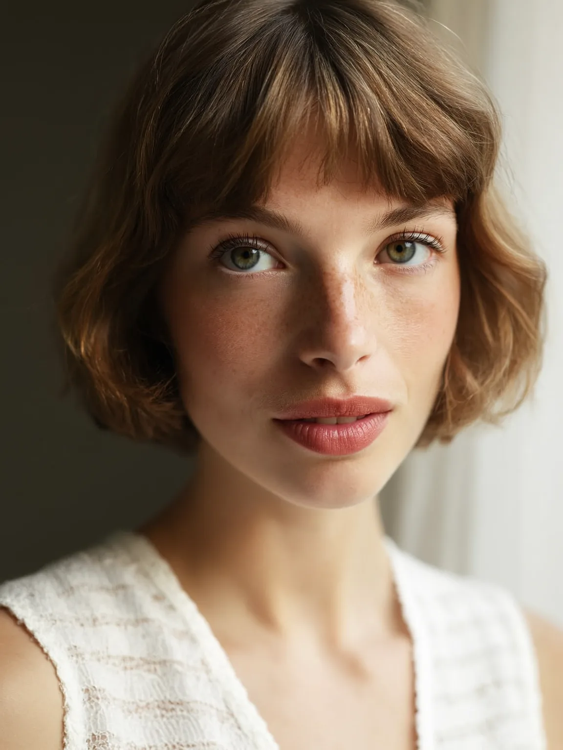 Soft Textured Bob with Wispy Bangs in Chestnut Brown