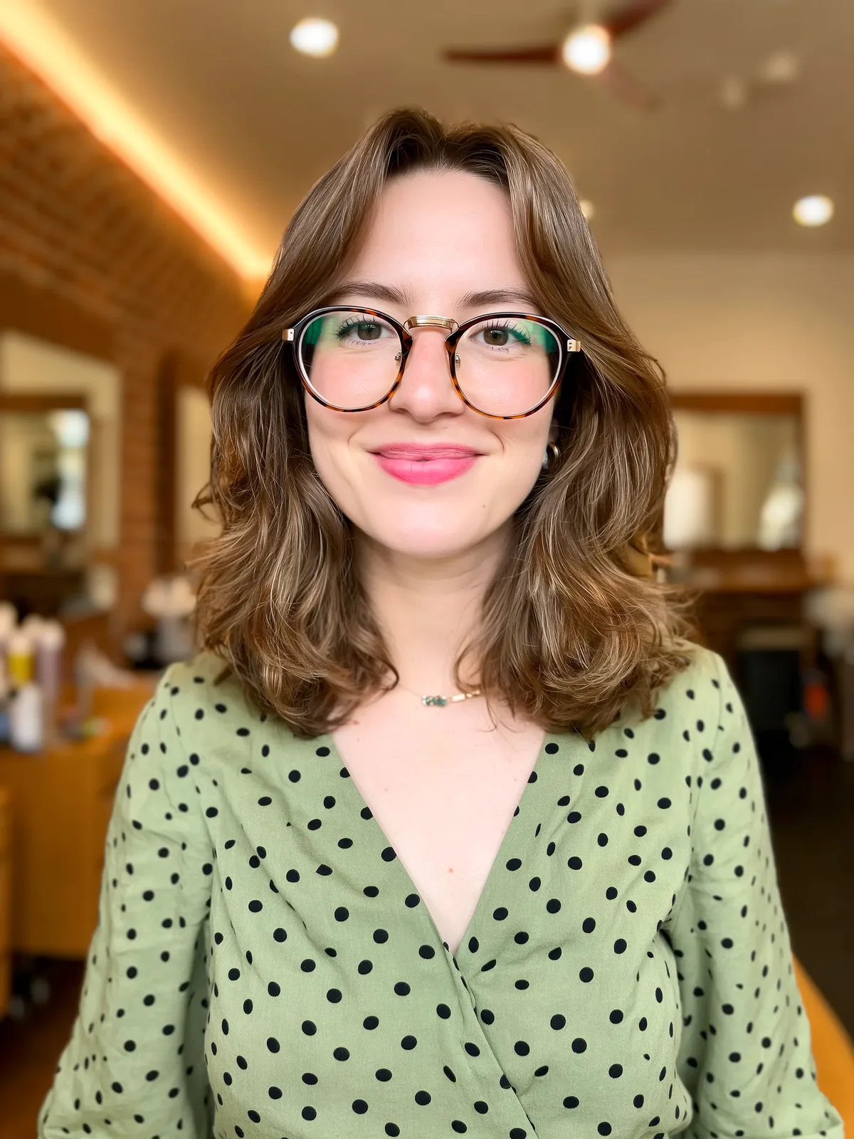 Shoulder-Length Wavy Lob with Warm Chestnut Brown