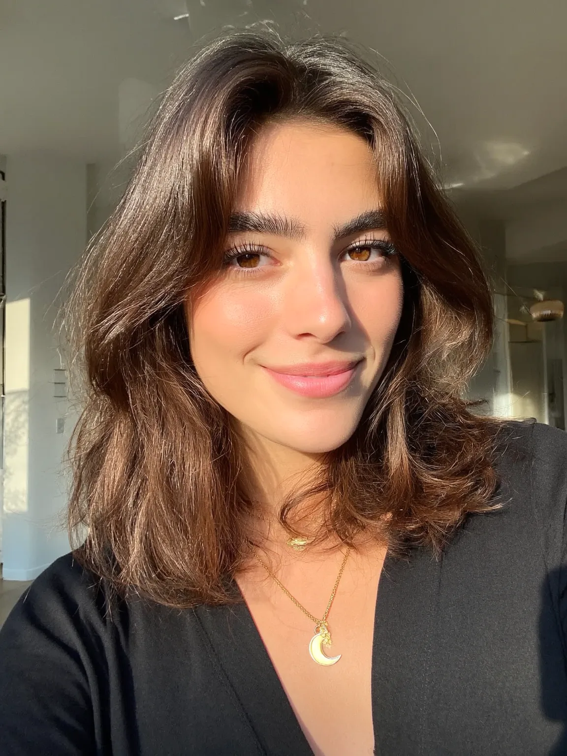 Textured Shoulder-Length Lob with Curtain Bangs