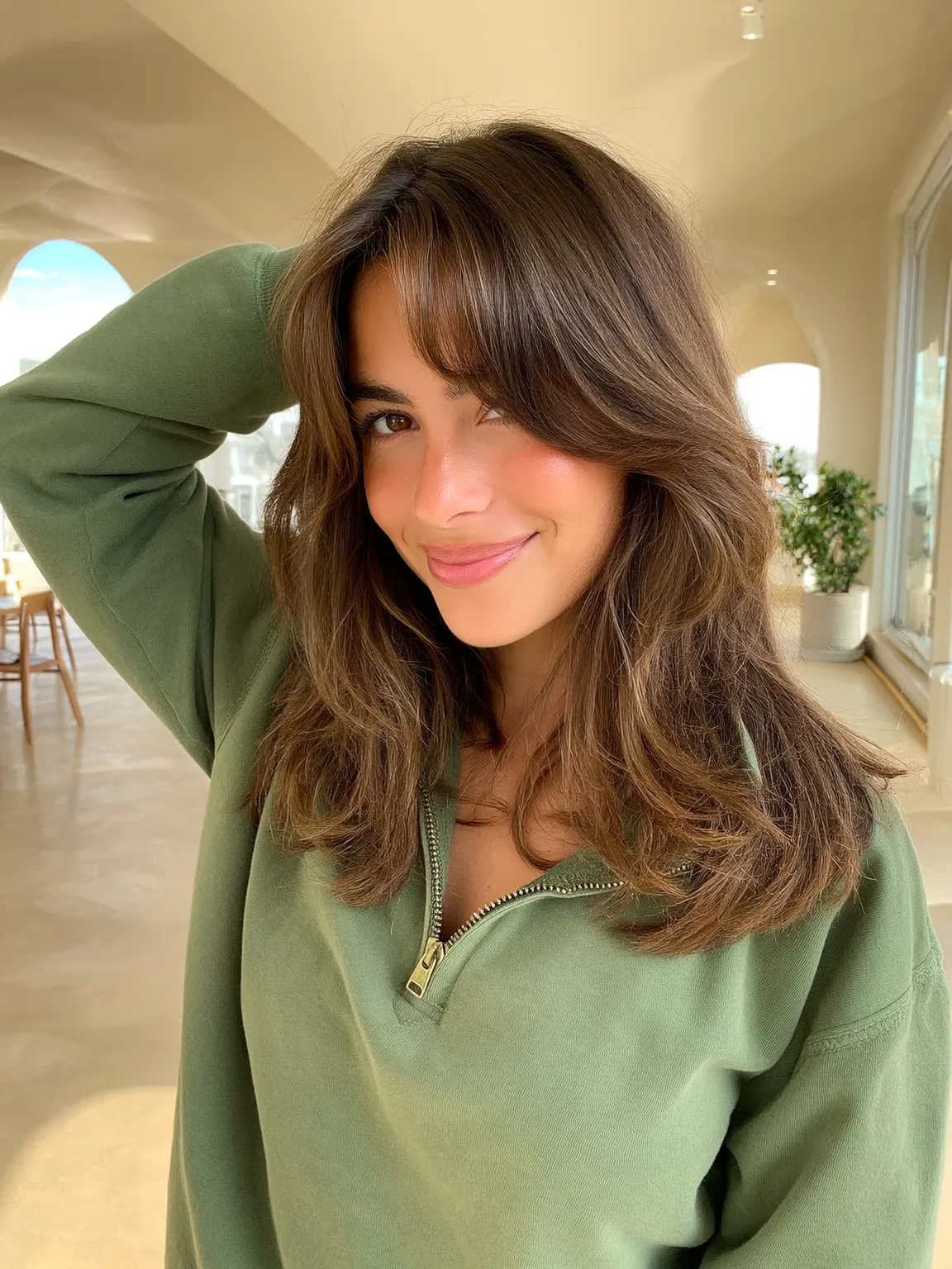 Medium Layered Cut with Warm Chestnut Brown Waves