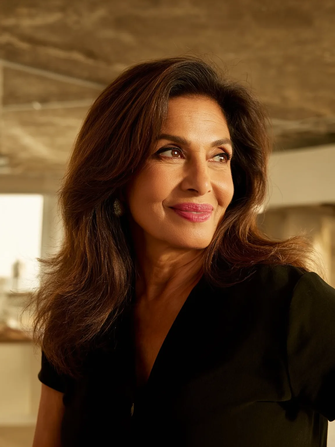 Long Wavy Layers with Side-Swept Chestnut Bangs