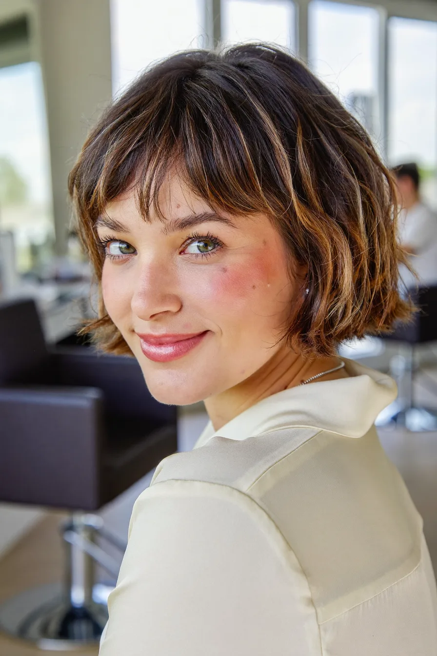 Textured Chestnut Brown Bob with Soft Wispy Bangs