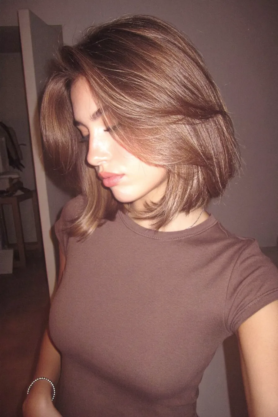 Elegant Shoulder-Length Feathered Lob with Curtain Bangs