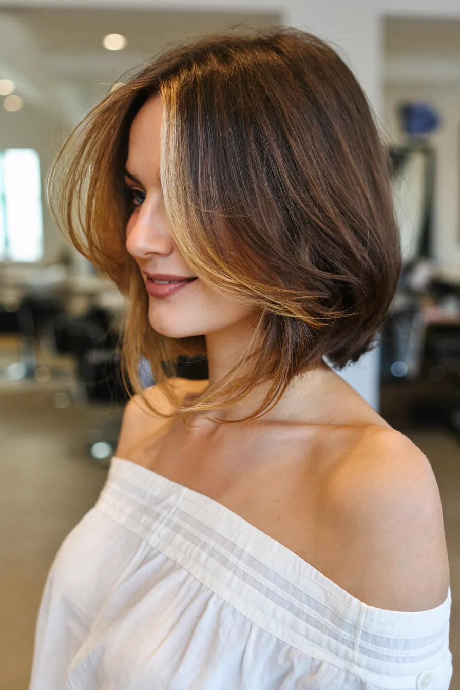 Soft Layered Bob with Honey Blonde Money Piece Highlights