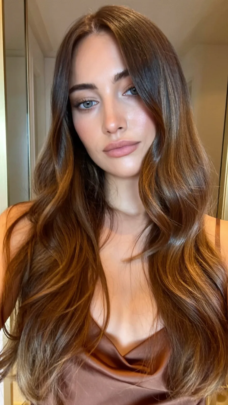 Elegant Long Layered Waves with Warm Chestnut Balayage Highlights
