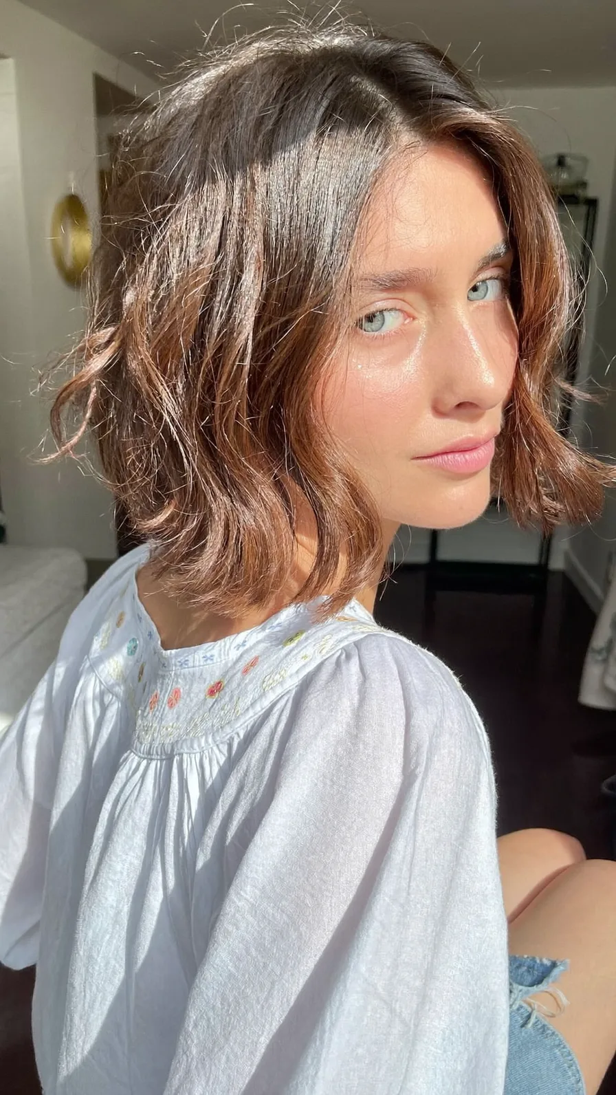 Textured Wavy Chin-Length Bob with Soft Curtain Bangs