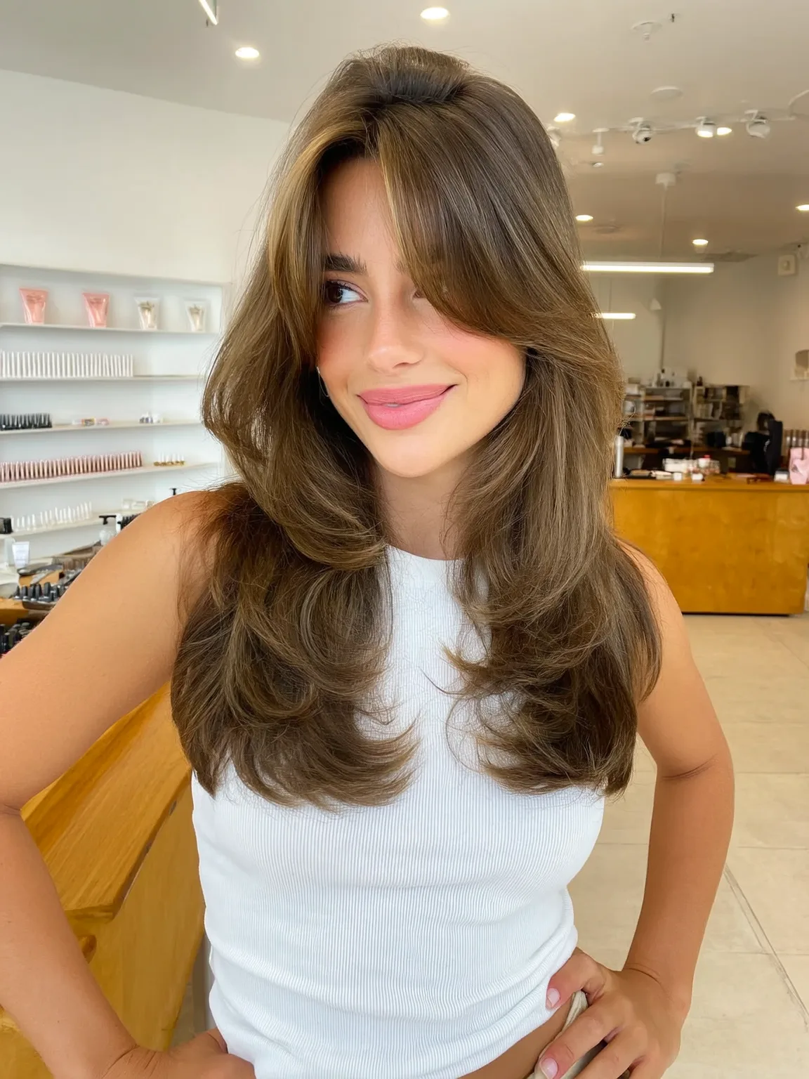 Long Layered Cut with Natural Chestnut Brown Waves