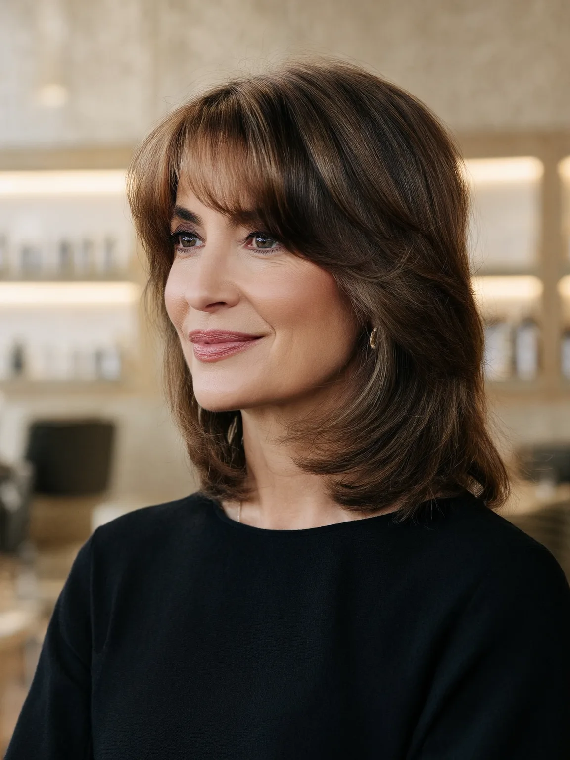 Shoulder-Length Straight Layers with Warm Chestnut Curtain Bangs