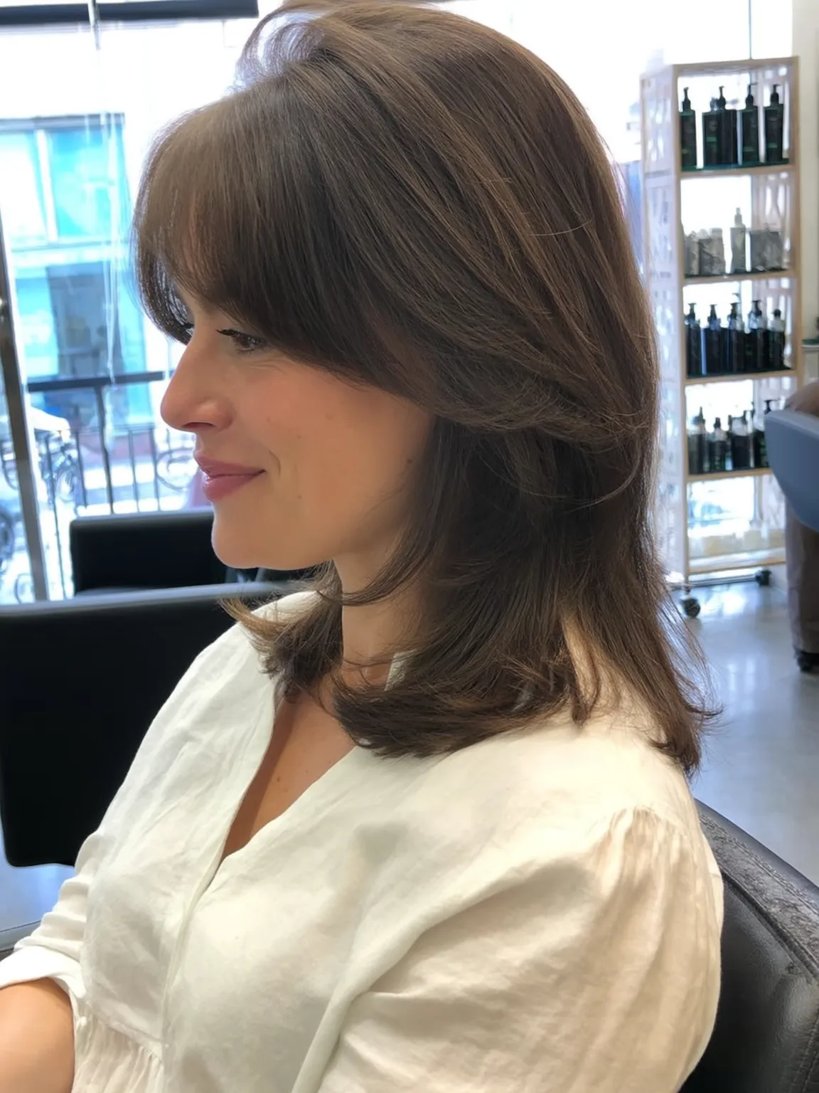 Layered Shoulder-Length Cut with Chestnut Brown Sheen