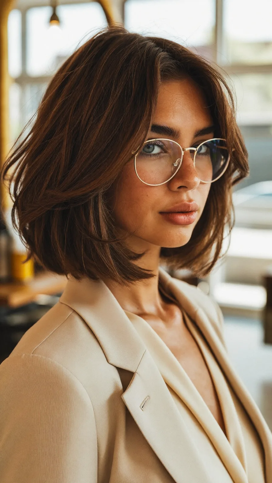 Classic Chestnut Brown Long-Layered Lob with Curtain Bangs