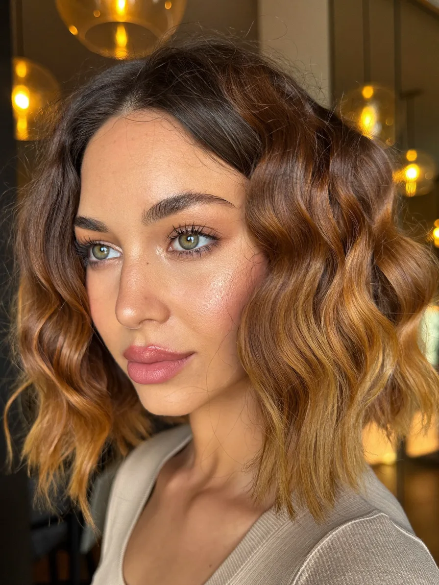 Modern Wavy Lob with Warm Chestnut Balayage Highlights