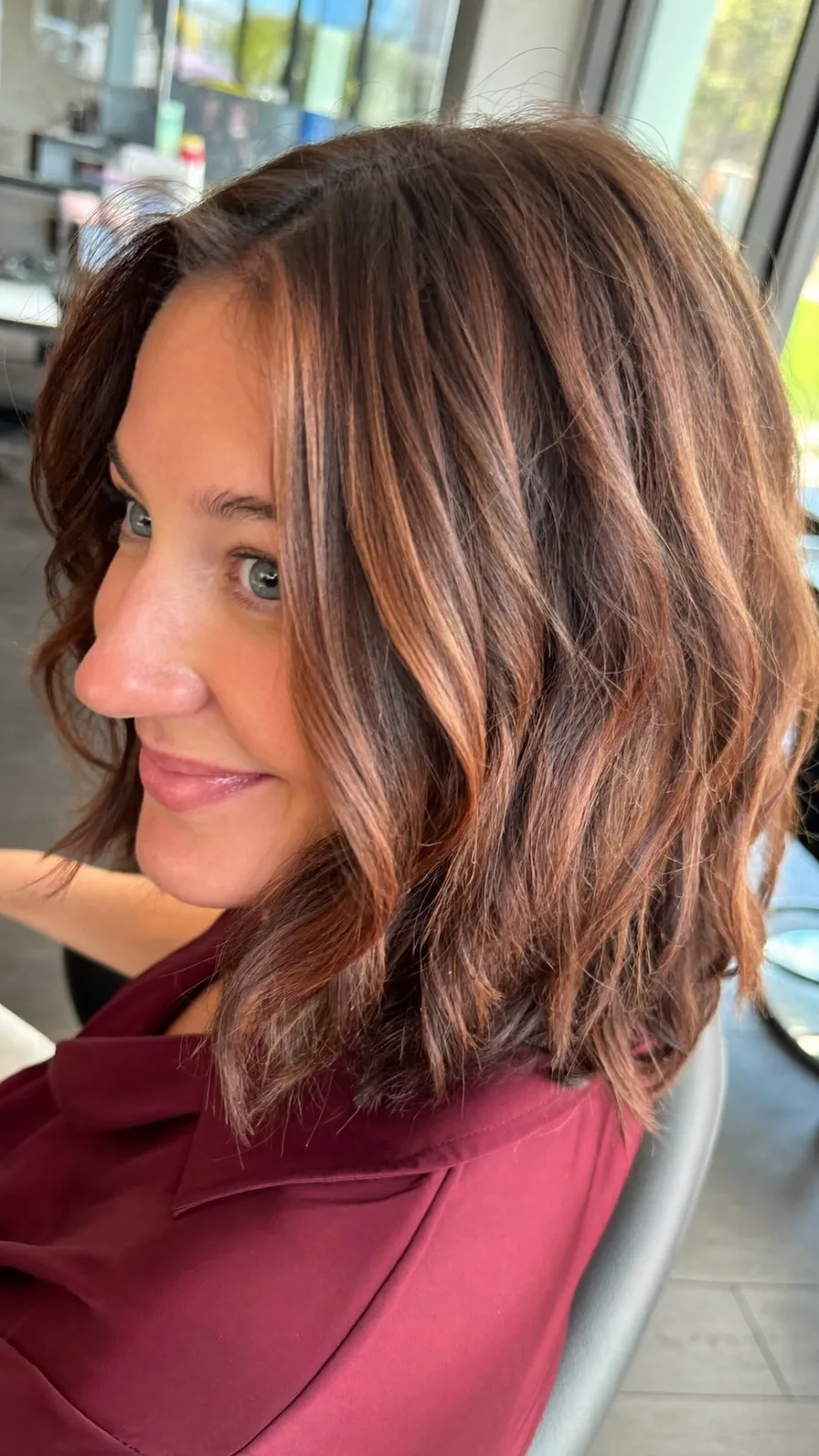 Soft Wavy Lob with Warm Balayage and Side Part
