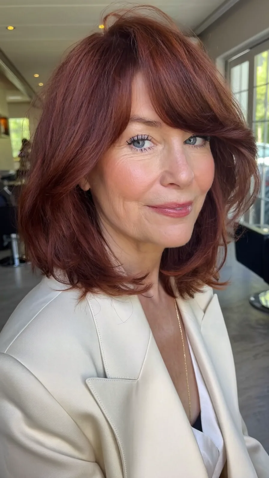 Voluminous Medium Layered Lob with Soft Curtain Bangs