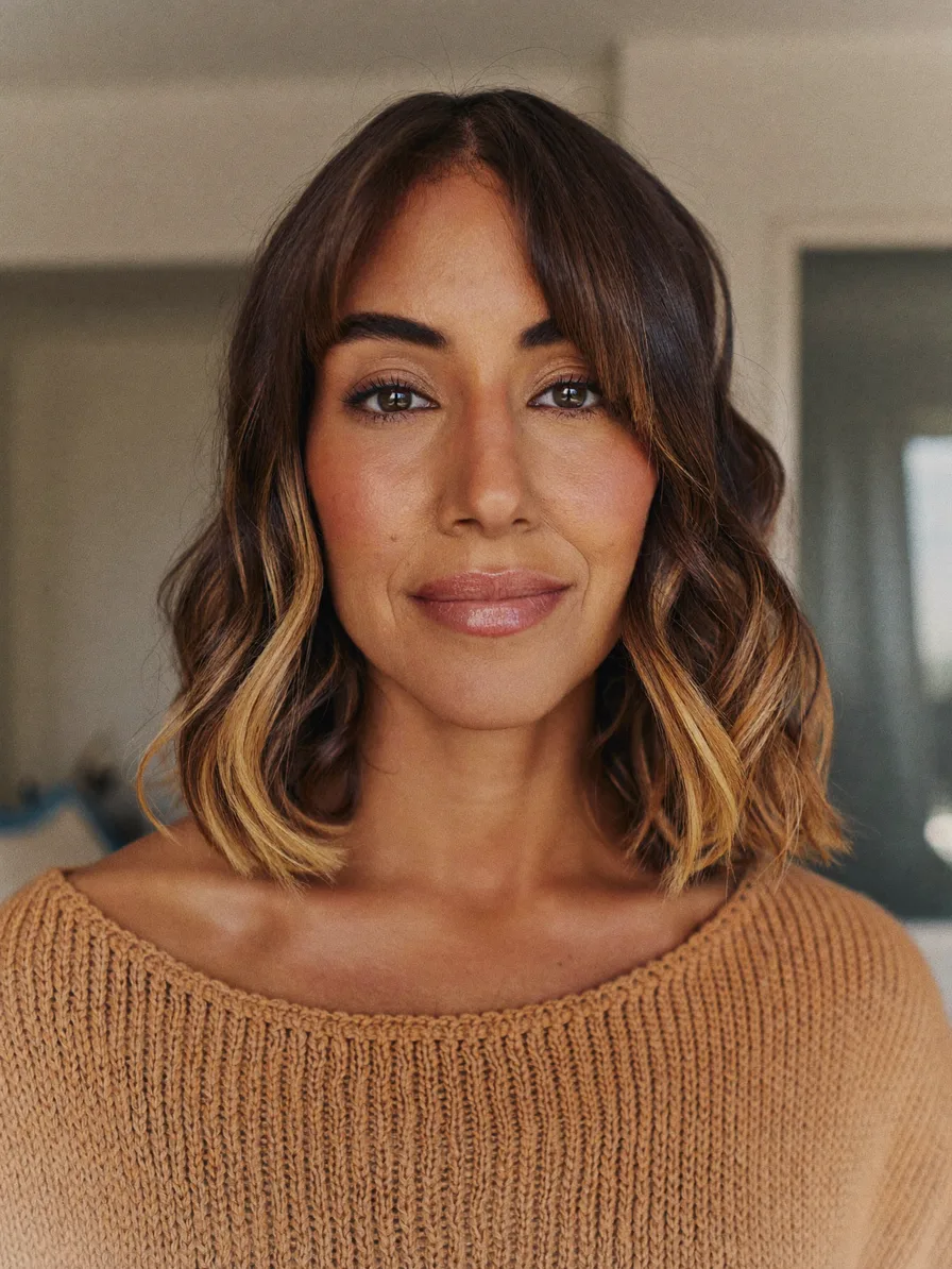Modern Shoulder-Length Lob with Curtain Bangs and Balayage Highlights