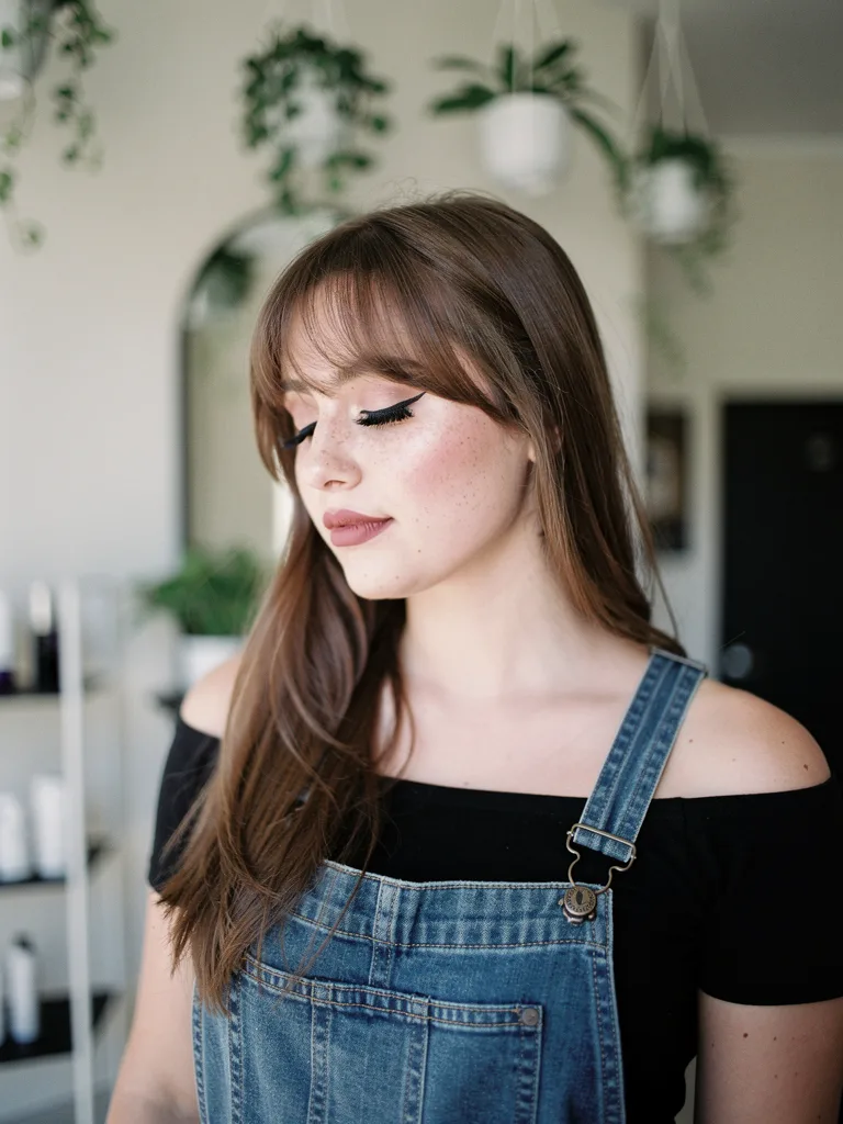 Long Silky Layers with Curtain Bangs in Chestnut Brown