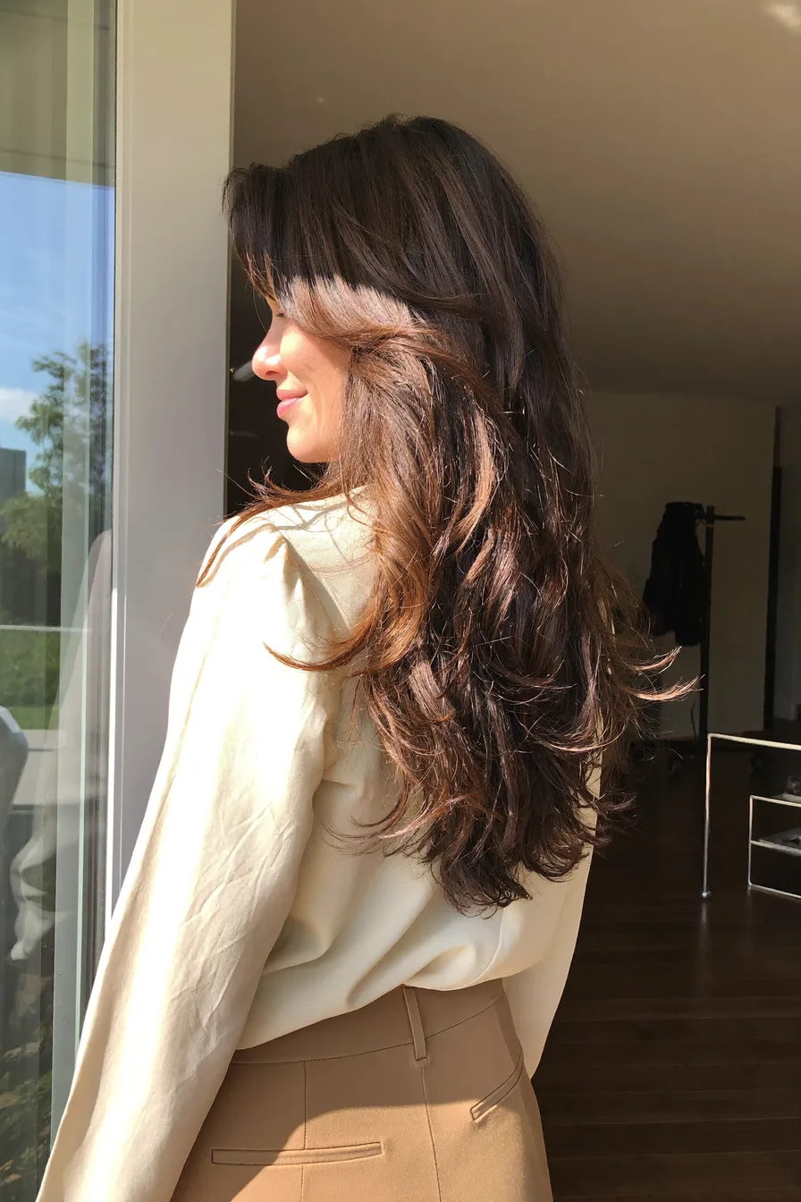 Flowing Long Layers with Curtain Bangs and Caramel Balayage