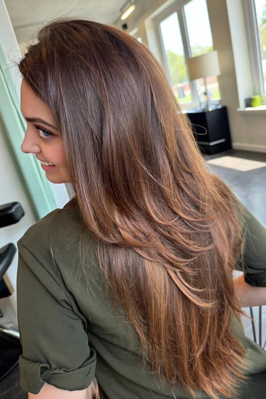 Flowing Long Layers with Warm Chestnut Balayage Highlights