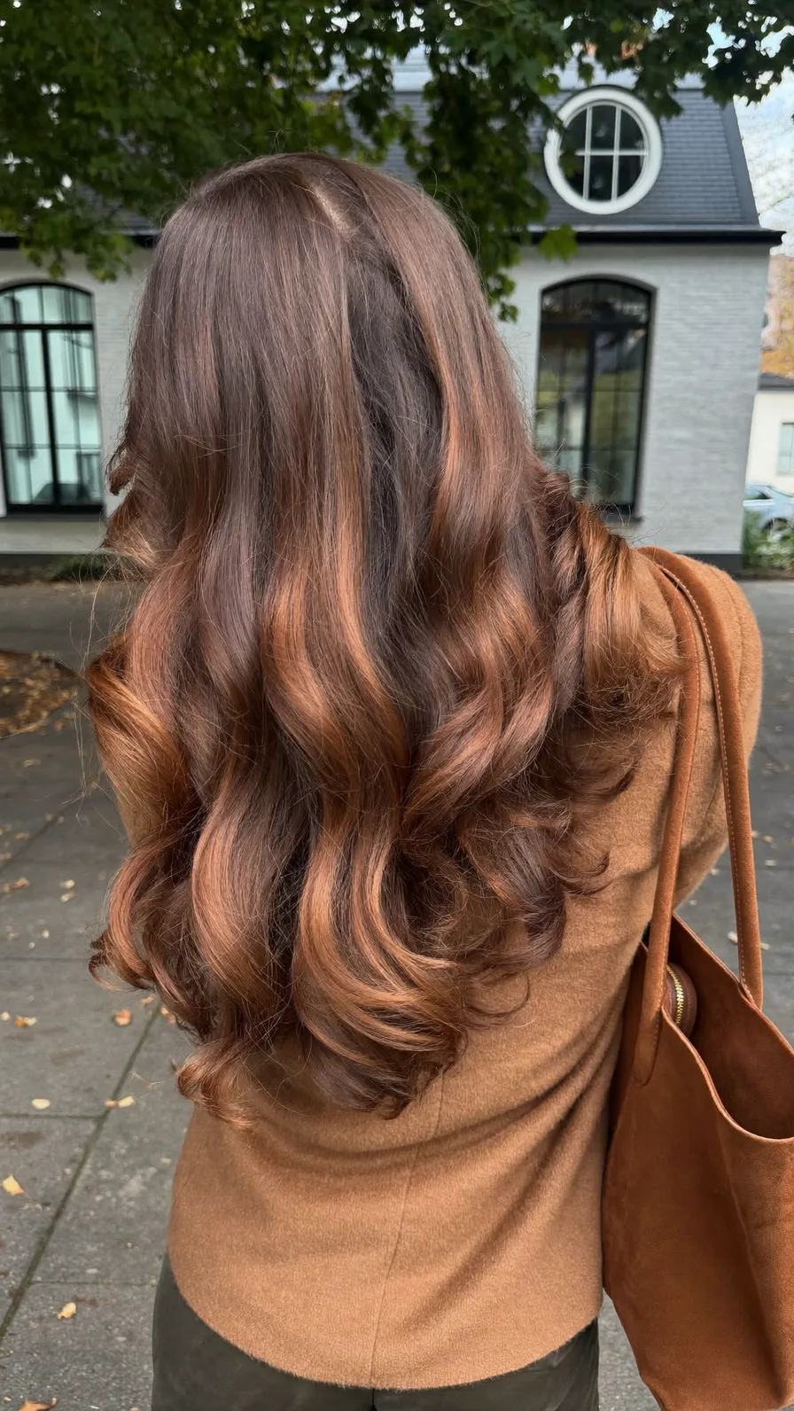 Elegant Long Layered Waves with Warm Chestnut Balayage