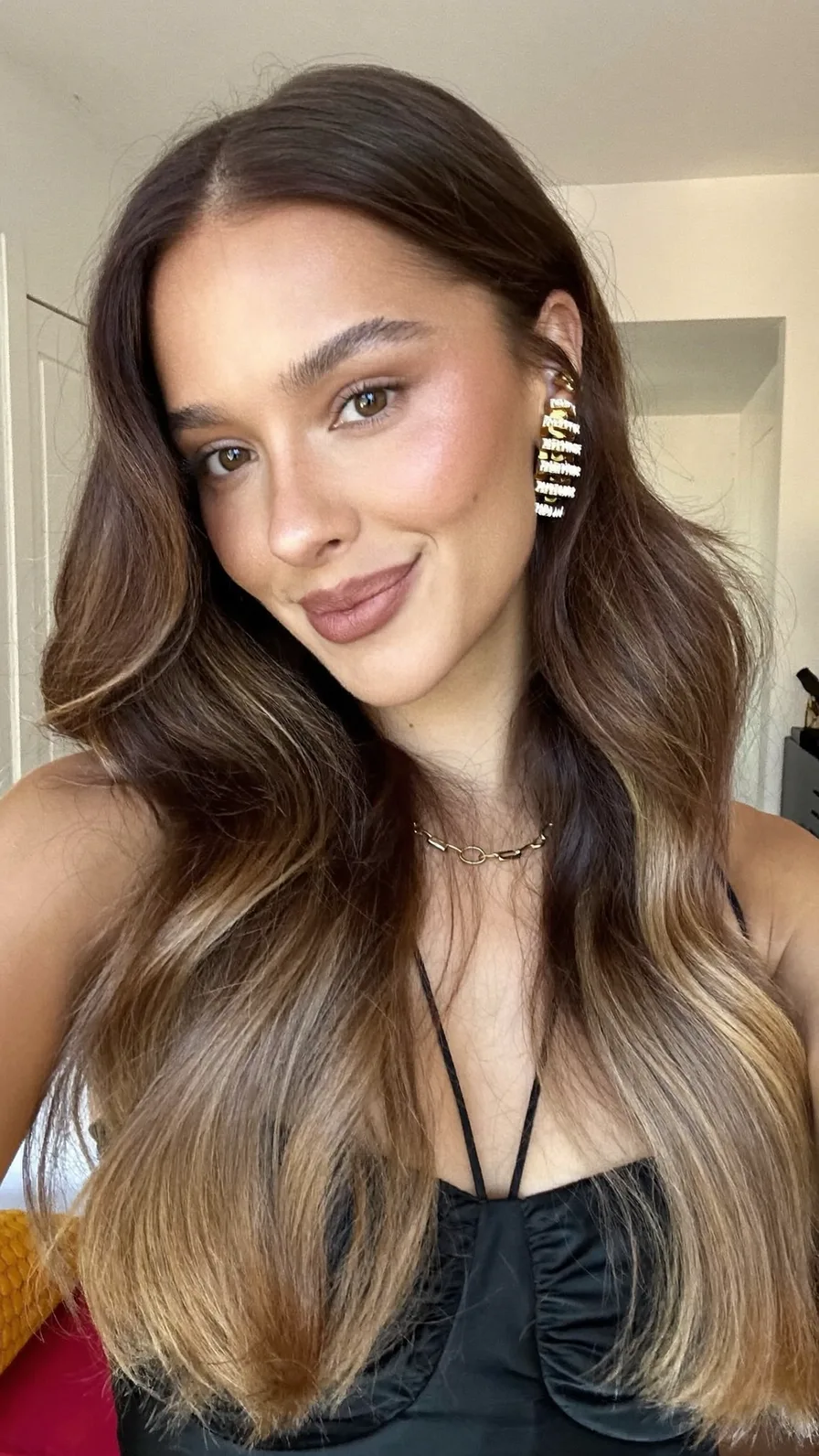 Long Wavy Chestnut Hair with Honey Blonde Balayage Layers