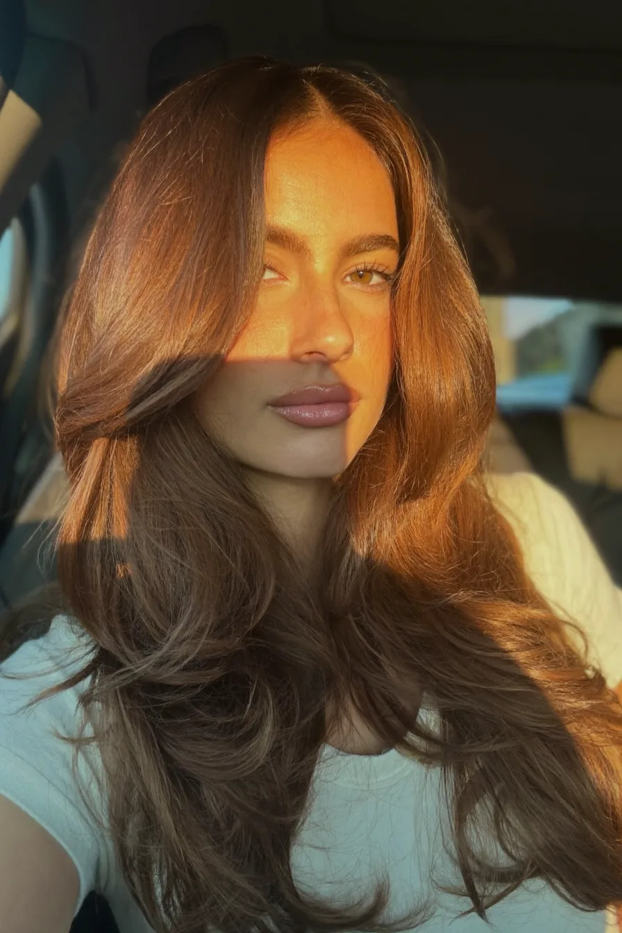Long Layered Chestnut Waves with Subtle Caramel Balayage