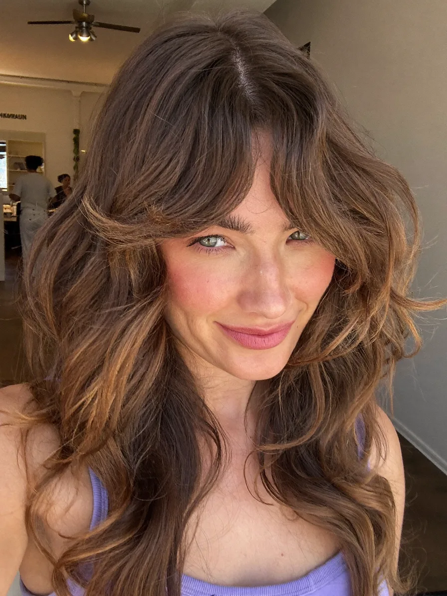 Long Layered Waves with Soft Curtain Bangs and Balayage Highlights