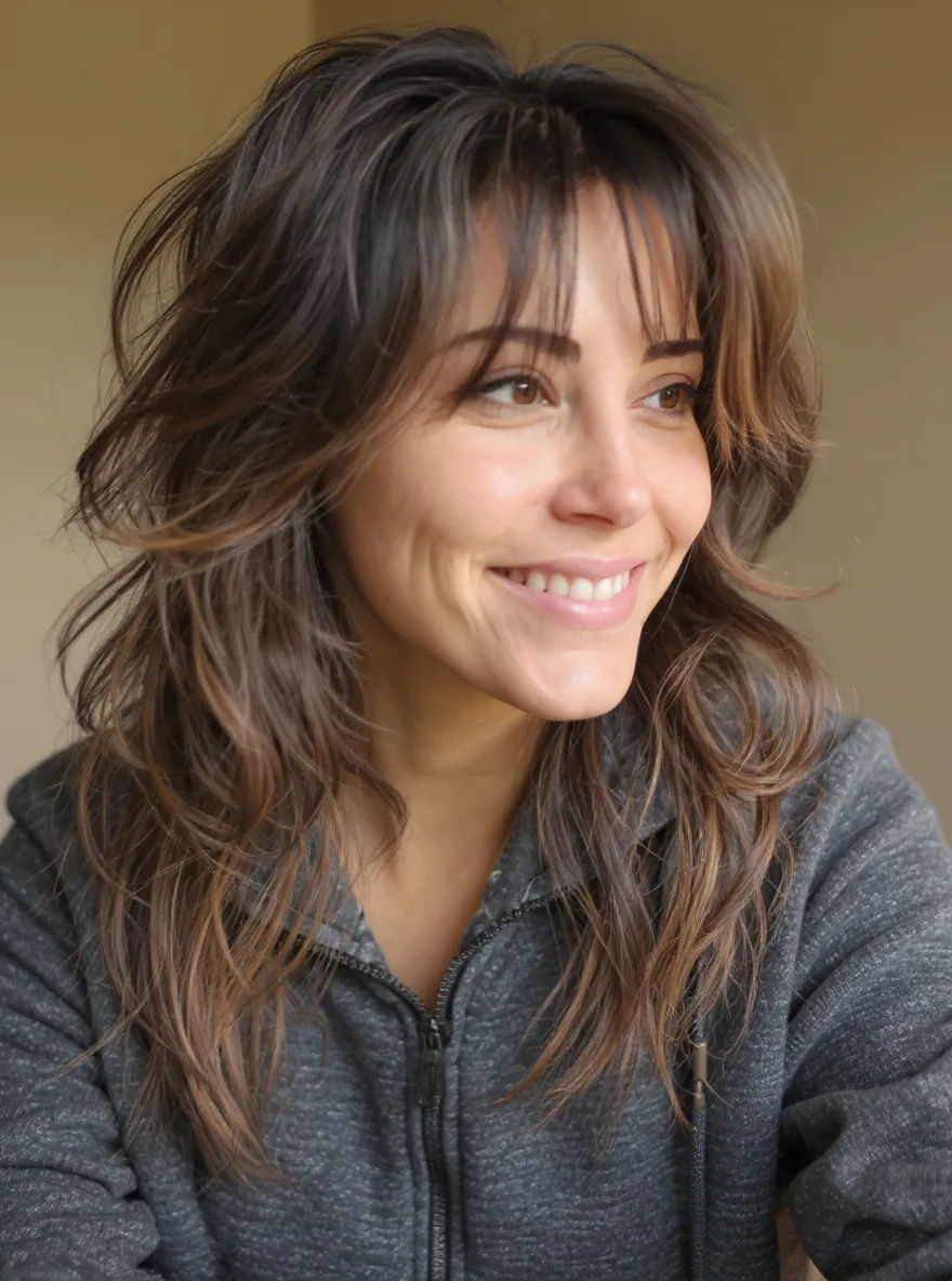 Textured Medium Shag with Warm Chestnut Brown Waves