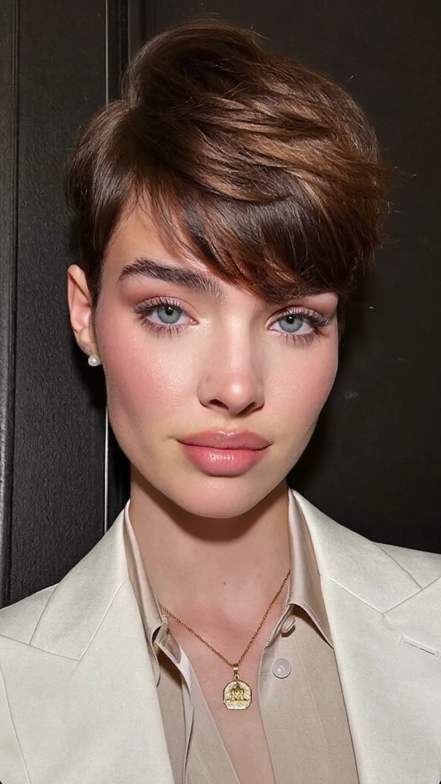 Textured Chestnut Brown Pixie with Side-Swept Bangs