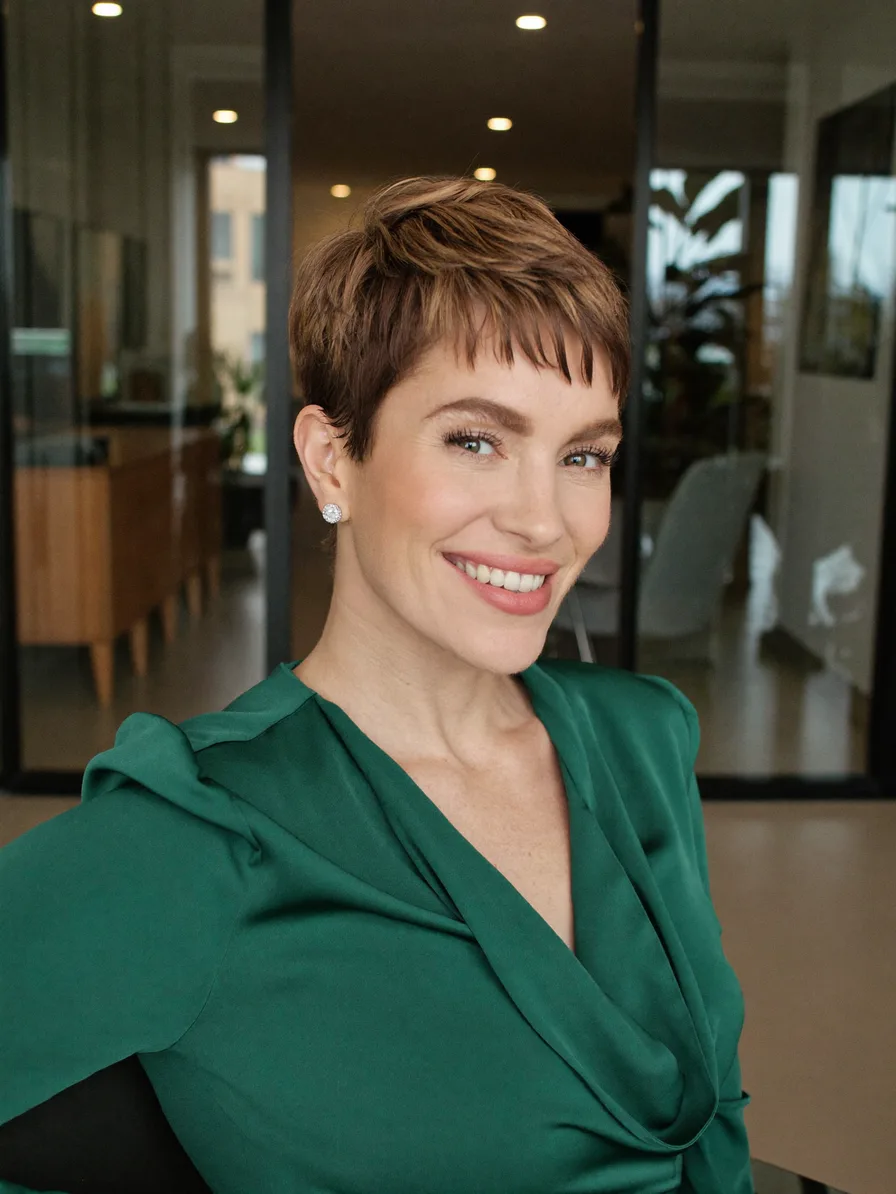 Textured Pixie Cut with Micro-Bangs and Multi-Dimensional Brown Highlights