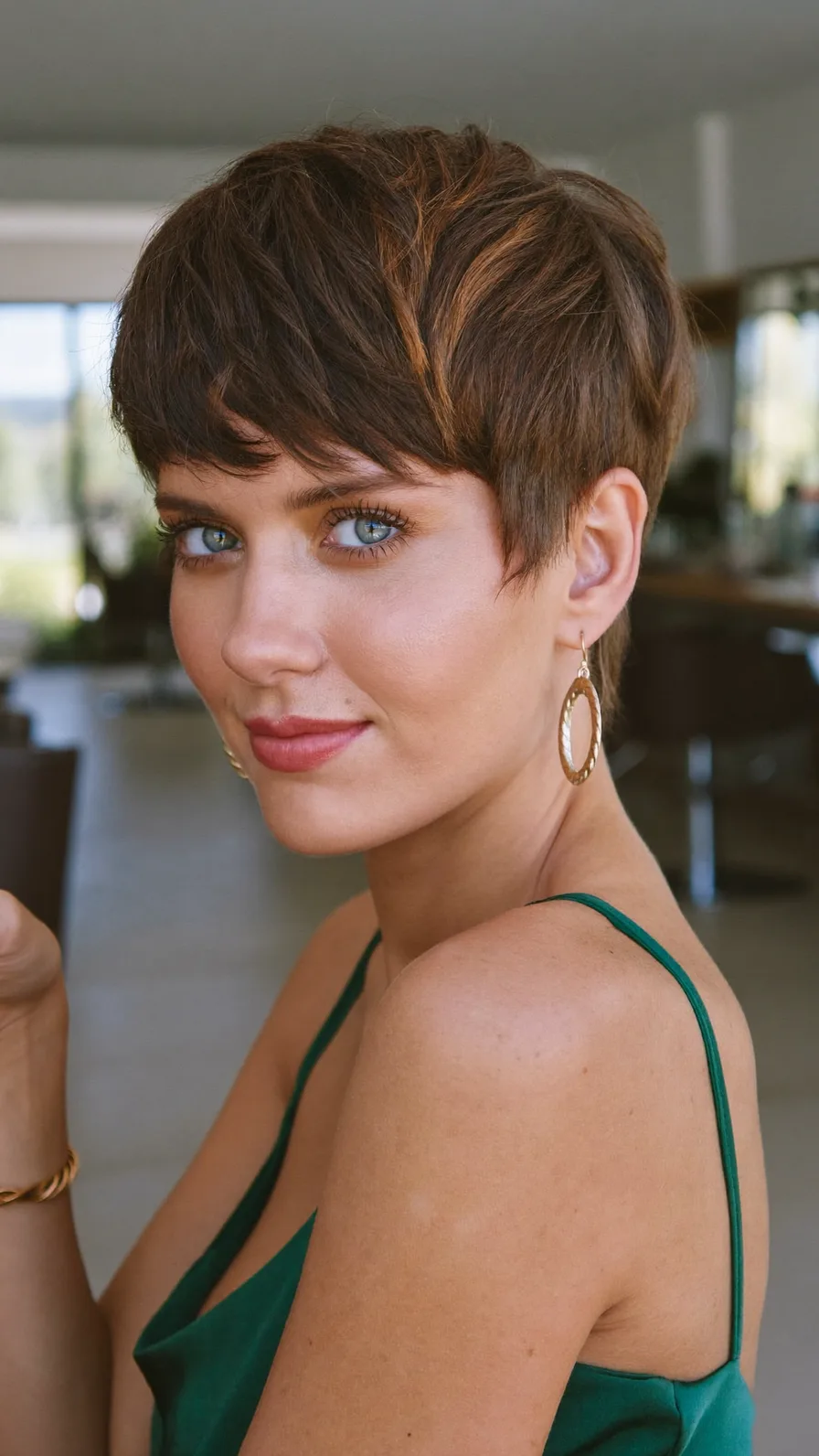 Modern Textured Pixie Cut with Side-Swept Caramel Highlights